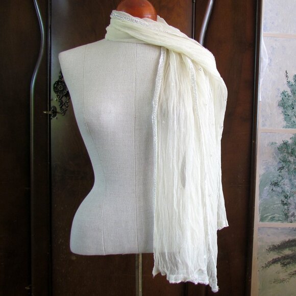 SHEER SCARF w GLITTER EDGES, 68" x 23" LONG RECTANGLE OFF-WHITE VINTAGE - Picture 1 of 6